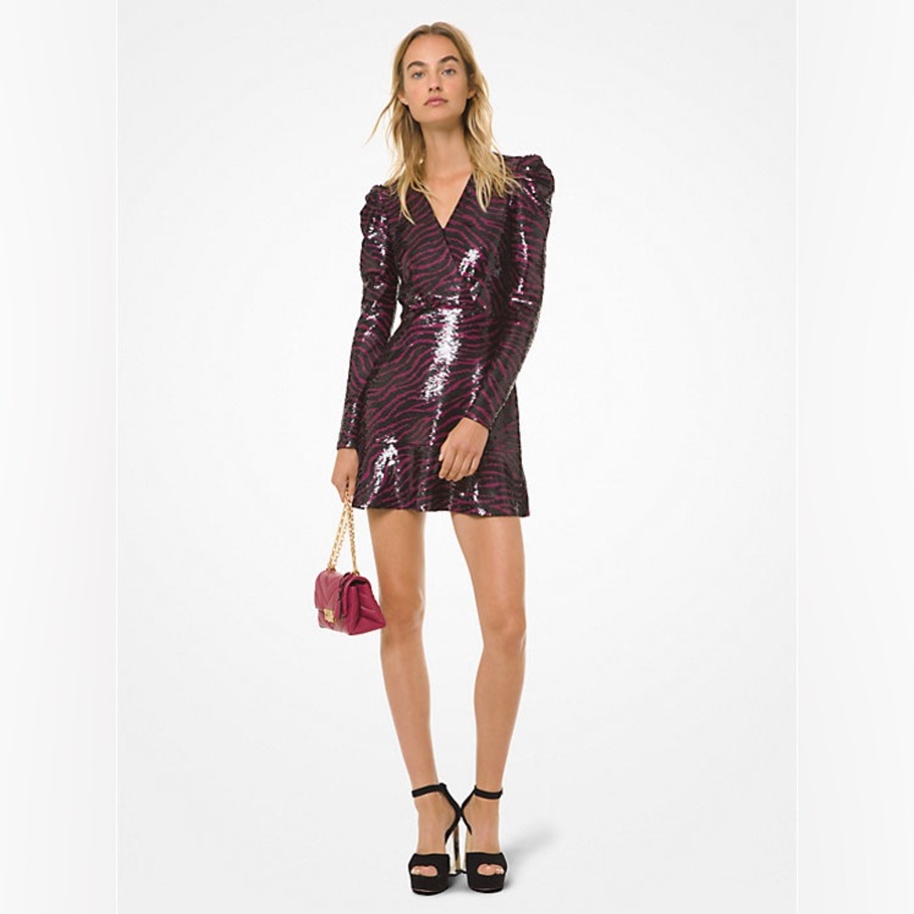 Michael Kors Zebra Sequin Mini Dress Berry Black Puff Sleeve Belted MH98Z39DFP L